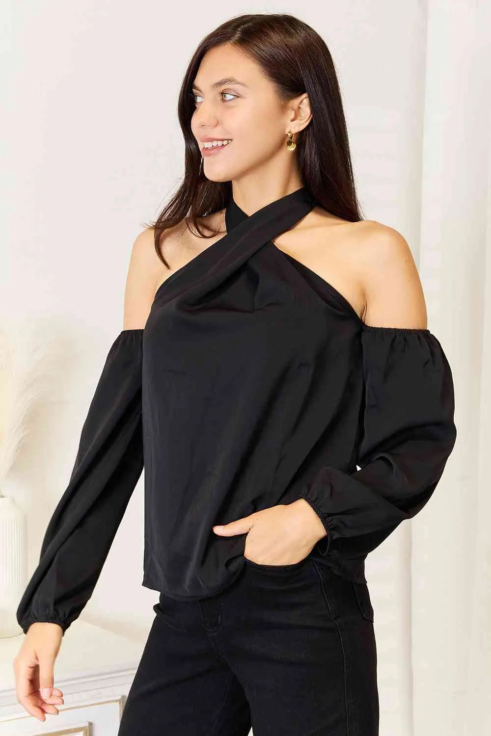 Double Take Grecian Cold Shoulder Long Sleeve Blouse Blouses - Tophatter Daily Deals