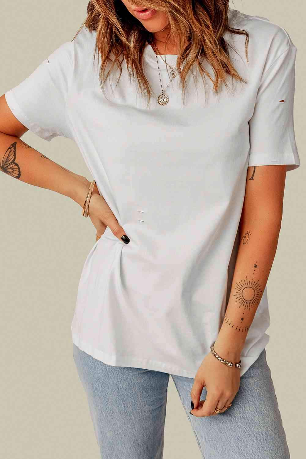 Distressed Round Neck Tee White Women's T-Shirts - Tophatter Daily Deals