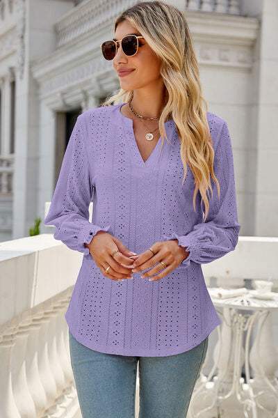 Eyelet Notched Lantern Sleeve T-Shirt Women's T-Shirts - Tophatter Daily Deals