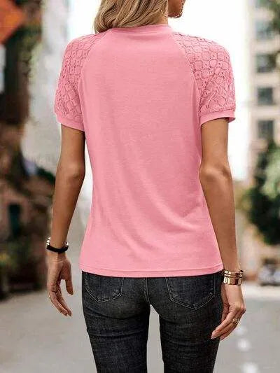 Openwork Lace Detail Short Sleeve T-Shirt Women's T-Shirts - Tophatter Daily Deals