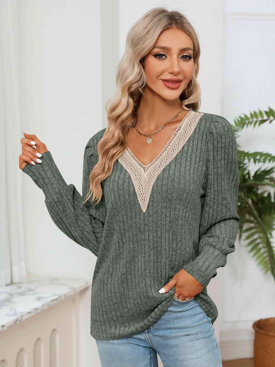 Lace Detail V-Neck Ribbed Blouse Blouses - Tophatter Daily Deals