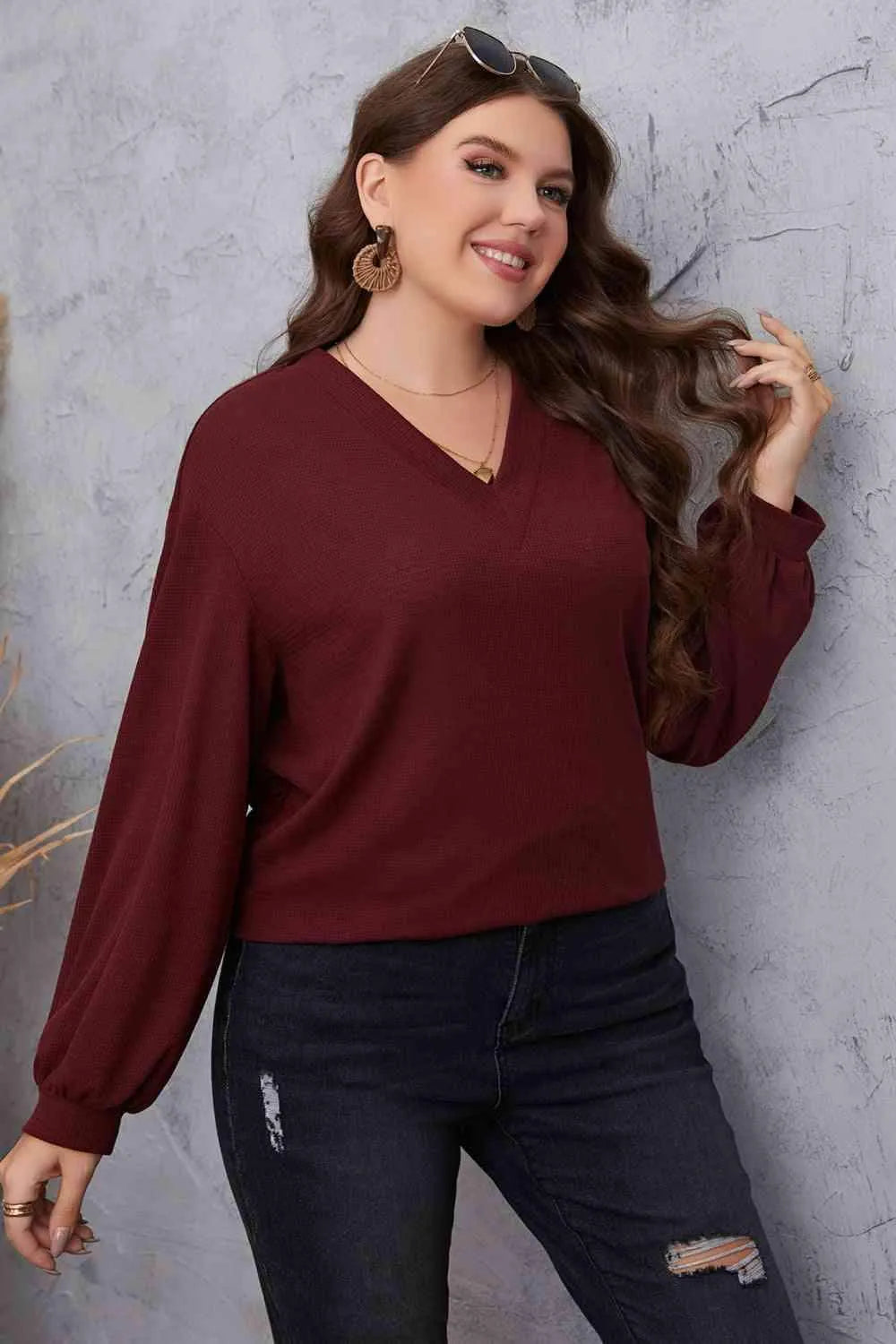 Melo Apparel Plus Size V-Neck Dropped Shoulder Blouse Blouses - Tophatter Daily Deals