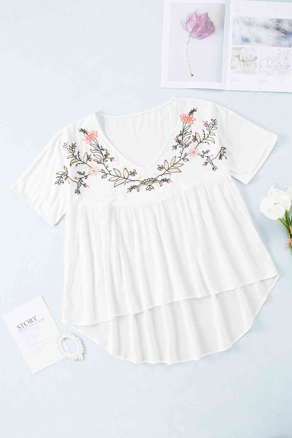 Embroidered V-Neck Babydoll Blouse - Tophatter Deals