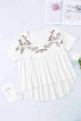 Embroidered V-Neck Babydoll Blouse Blouses - Tophatter Daily Deals