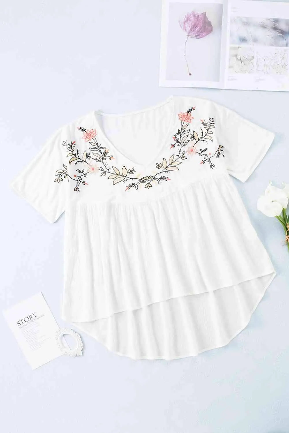 Embroidered V-Neck Babydoll Blouse Blouses - Tophatter Daily Deals