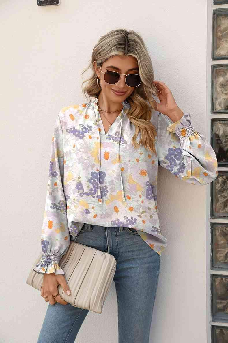 Printed Tie Neck Flounce Sleeve Blouse White Blouses - Tophatter Daily Deals