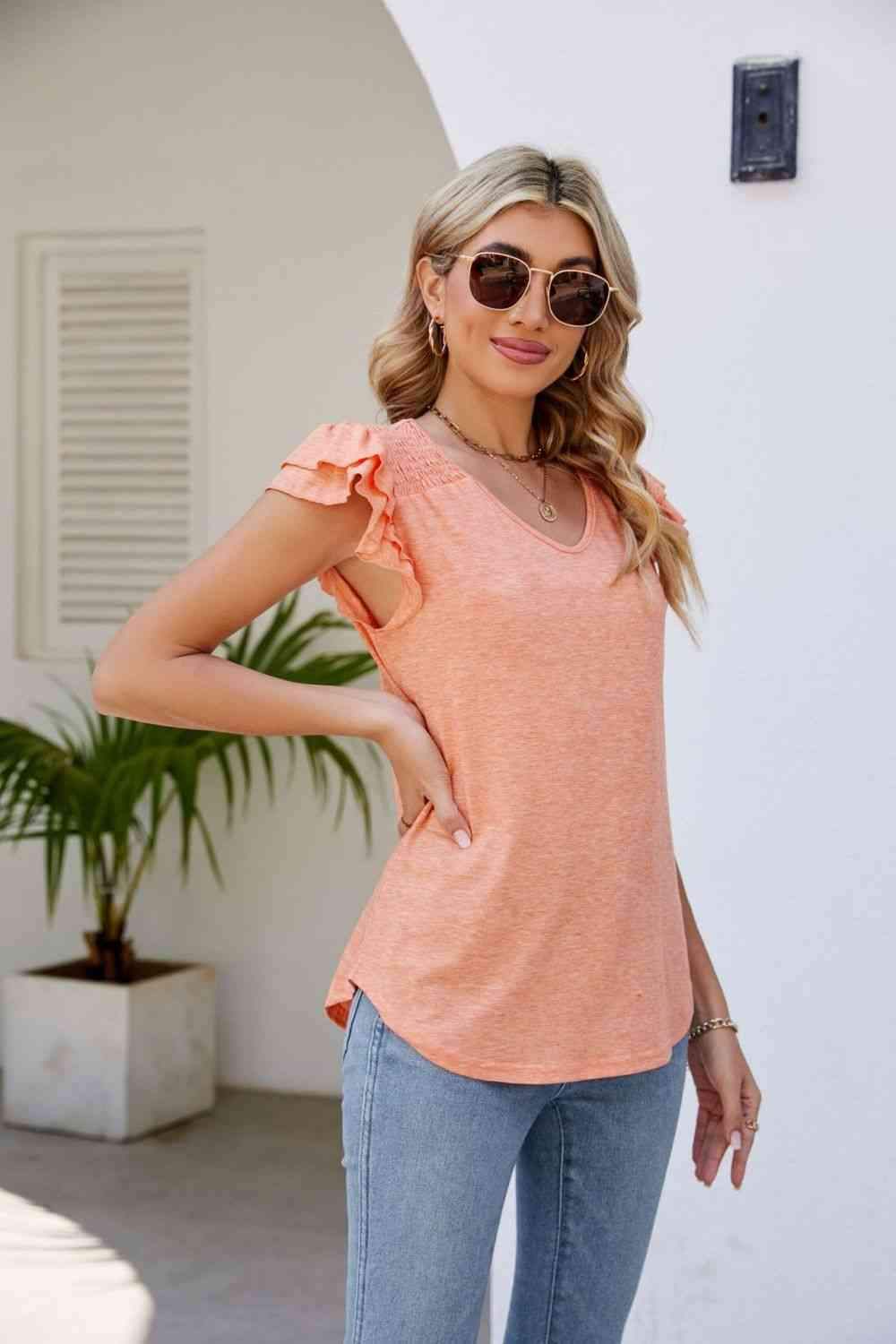 Smocked Flutter Sleeve V-Neck Top Blouses - Tophatter Daily Deals