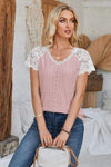 Eyelet V-Neck Lace Short Sleeve T-Shirt Women's T-Shirts - Tophatter Daily Deals