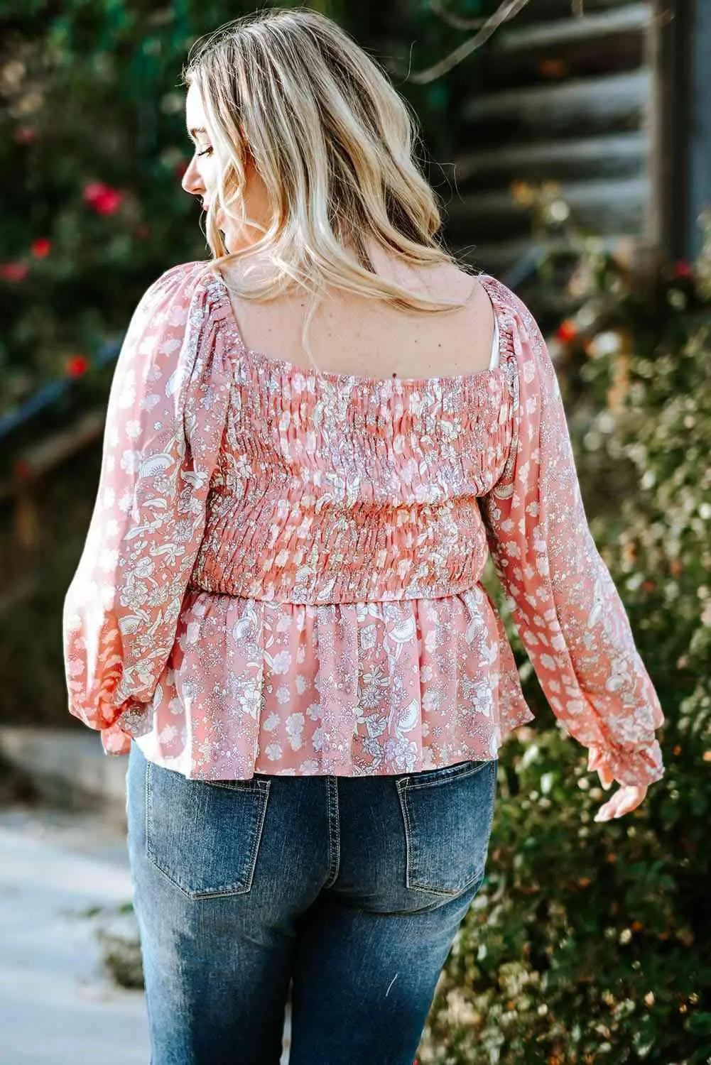 Plus Size Floral Smocked Flounce Sleeve Blouse Blouses - Tophatter Daily Deals