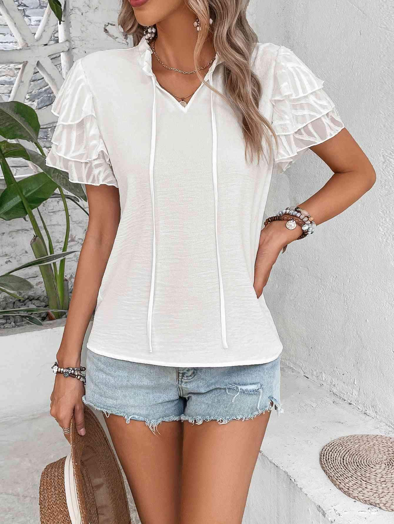 Tie Neck Layered Flutter Sleeve Blouse Blouses - Tophatter Daily Deals