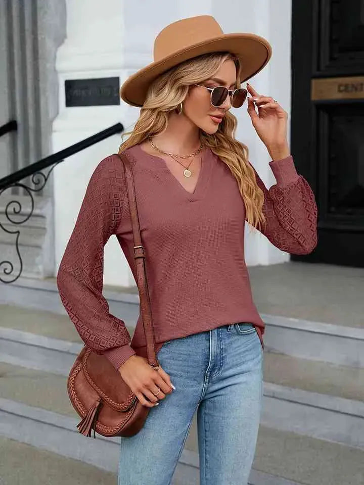 Notched Neck Raglan Sleeve Blouse Light Mauve Blouses - Tophatter Daily Deals