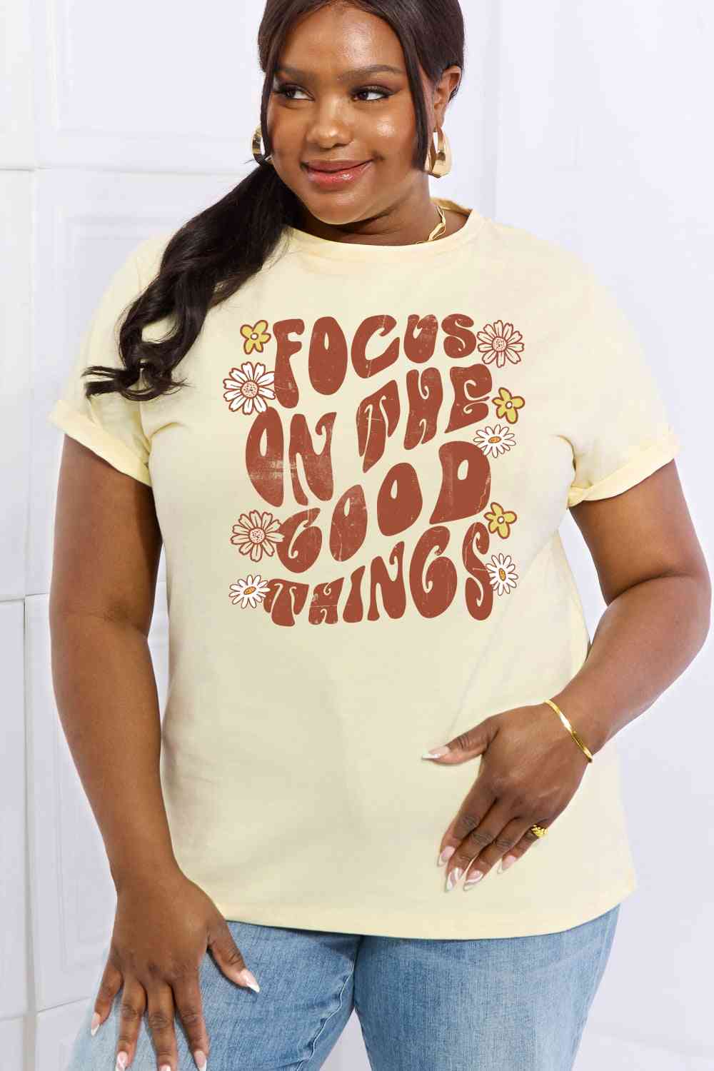 Simply Love Full Size FOCUS ON THE GOOD THINGS Graphic Cotton Tee Women's T-Shirts - Tophatter Daily Deals