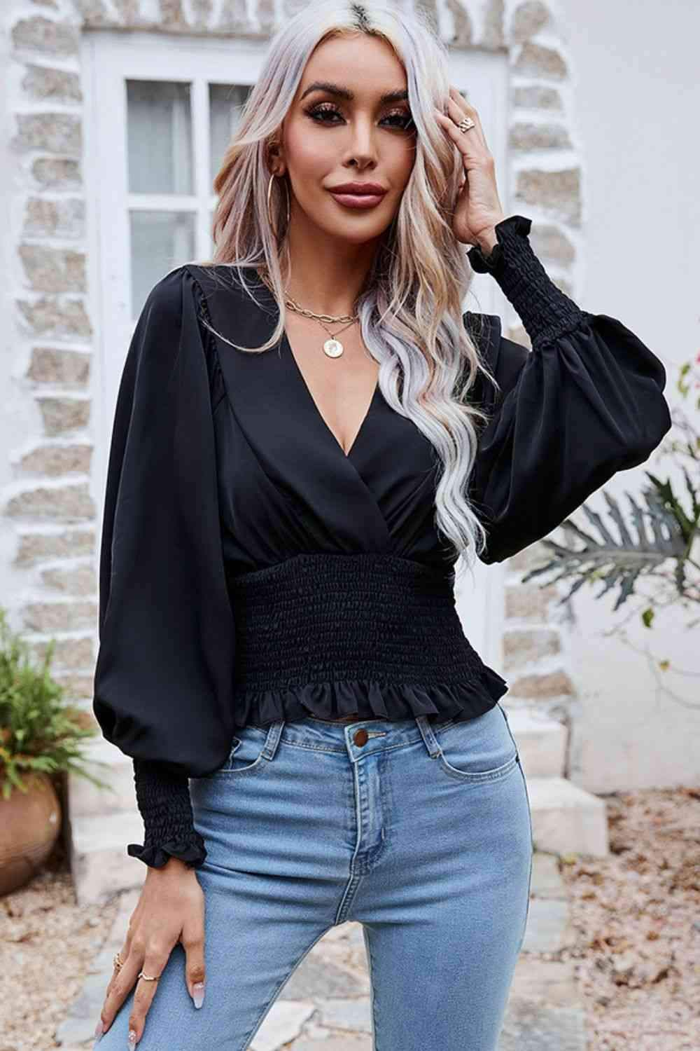 Surplice Neck Frill Trim Lantern Sleeve Smocked Waist Blouse Black Blouses - Tophatter Daily Deals