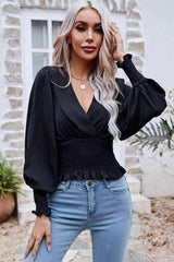 Surplice Neck Frill Trim Lantern Sleeve Smocked Waist Blouse Black Blouses - Tophatter Daily Deals