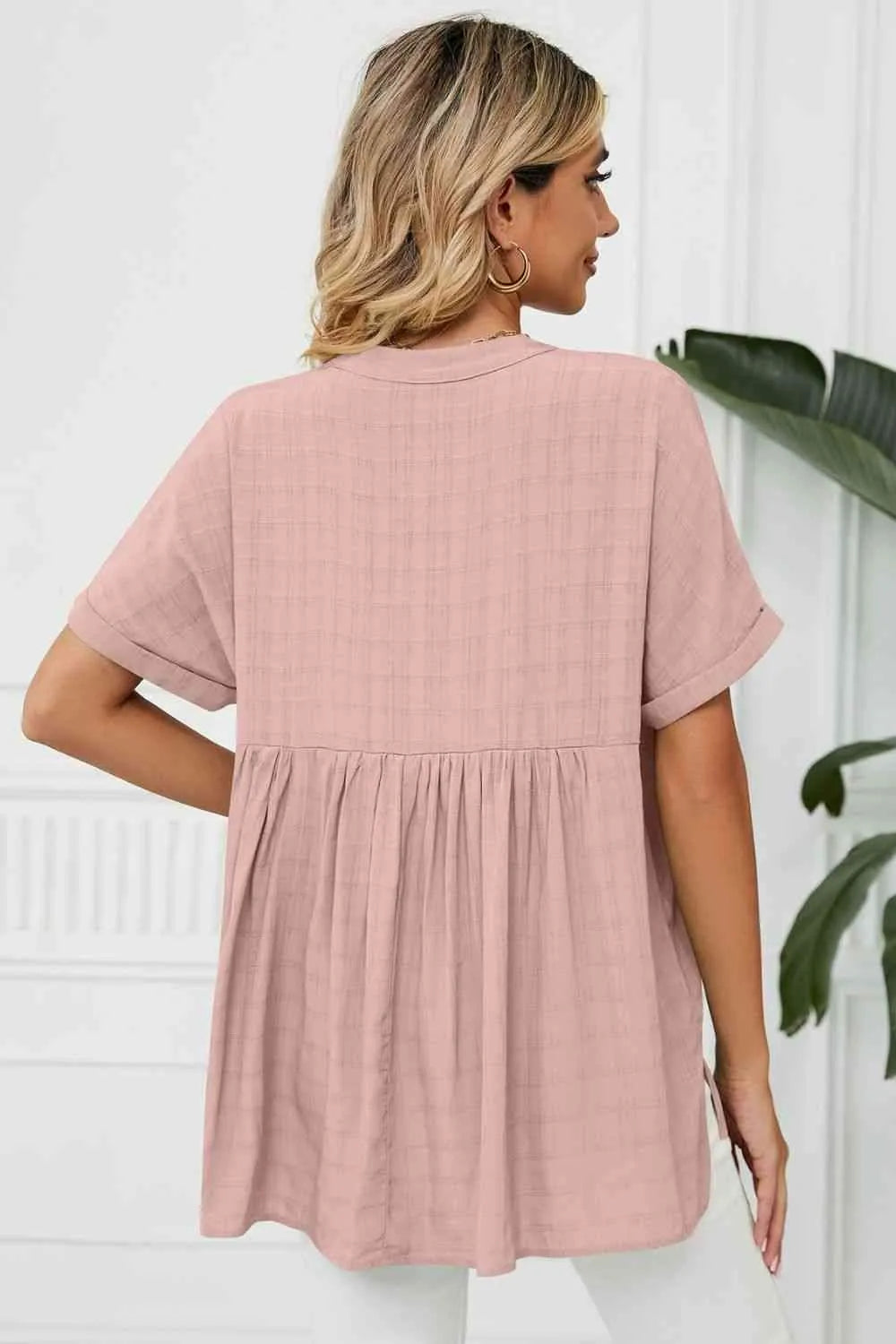 Side Slit Notched Neck Cuffed Short Sleeve Blouse Blouses - Tophatter Daily Deals