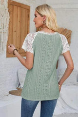 Eyelet V-Neck Lace Short Sleeve T-Shirt Women's T-Shirts - Tophatter Daily Deals