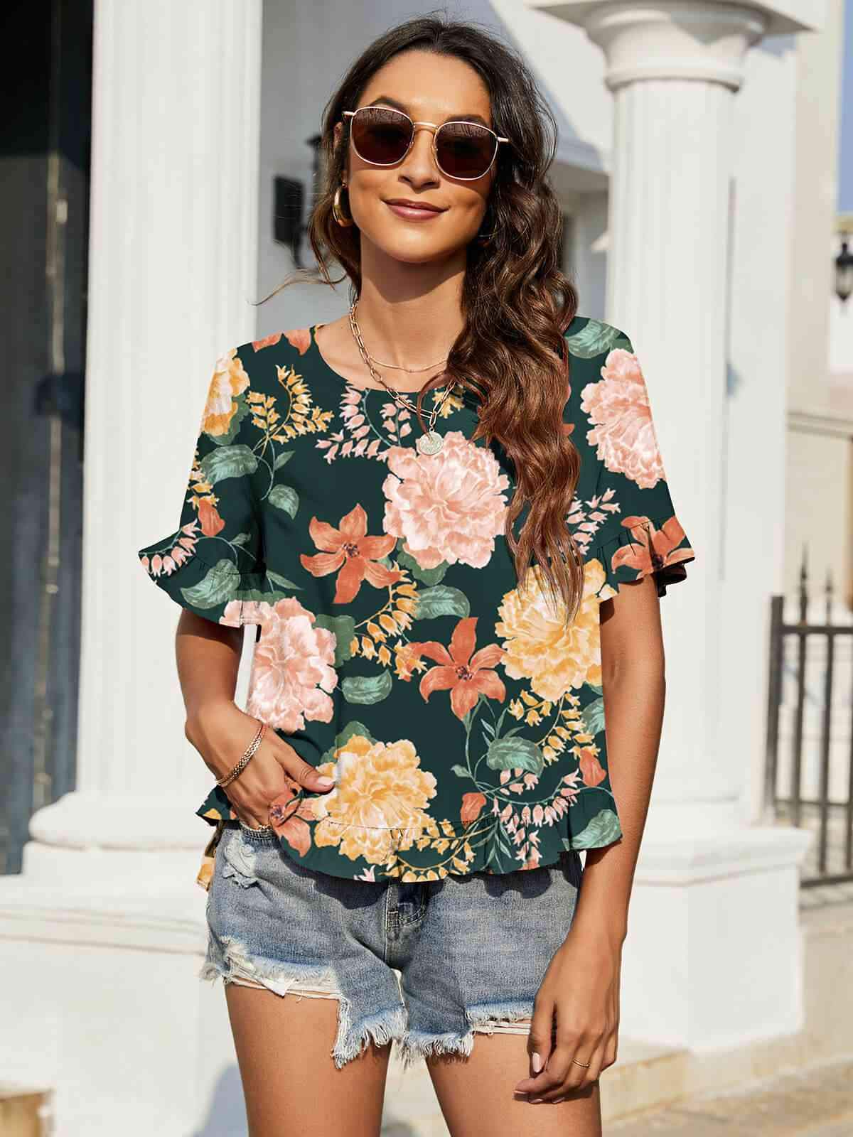 Floral Ruffled Flounce Sleeve Blouse Blouses - Tophatter Daily Deals