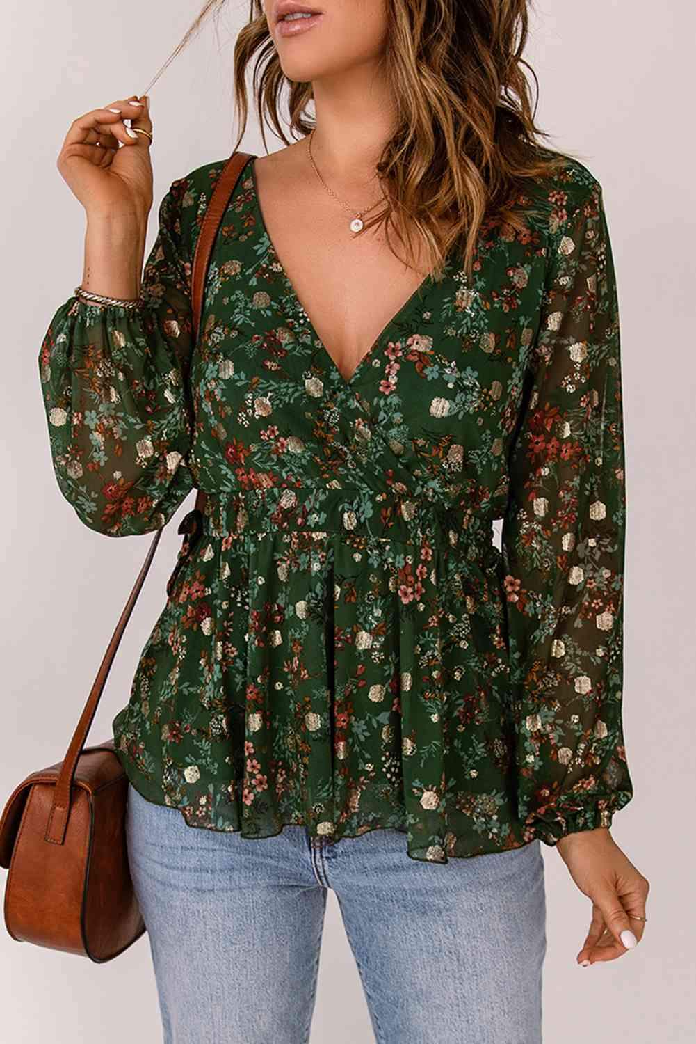 Floral Surplice Peplum Blouse Green L Blouses - Tophatter Daily Deals