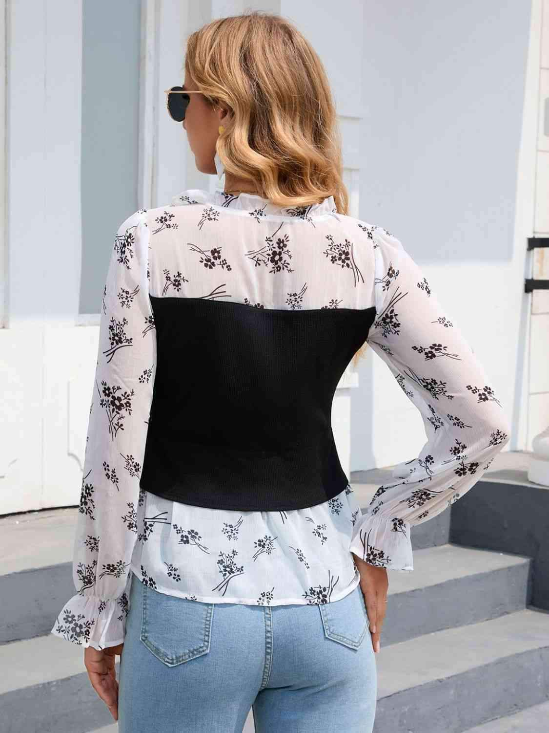 Floral Frill Trim Flounce Sleeve Drawstring Blouse Blouses - Tophatter Daily Deals