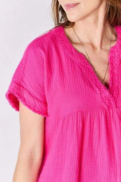 Zenana Full Size Raw Hem Short Sleeve Top Blouses - Tophatter Daily Deals