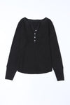 Waffle Knit Buttoned Notched Neck Long Sleeve T-Shirt Women's T-Shirts - Tophatter Daily Deals