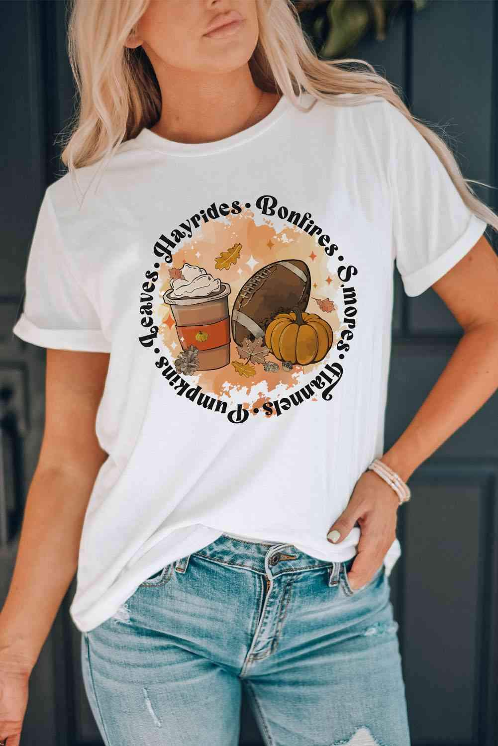 Round Neck Short Sleeve Pumpkin Latte Graphic T-Shirt Women's T-Shirts - Tophatter Daily Deals