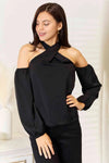 Double Take Grecian Cold Shoulder Long Sleeve Blouse Black Blouses - Tophatter Daily Deals