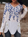 Floral Print V-Neck Long Sleeve Buttoned Tee Women's T-Shirts - Tophatter Daily Deals