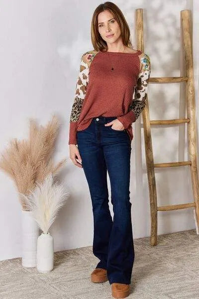 Hailey & Co Full Size Leopard Waffle-Knit Blouse Blouses - Tophatter Daily Deals