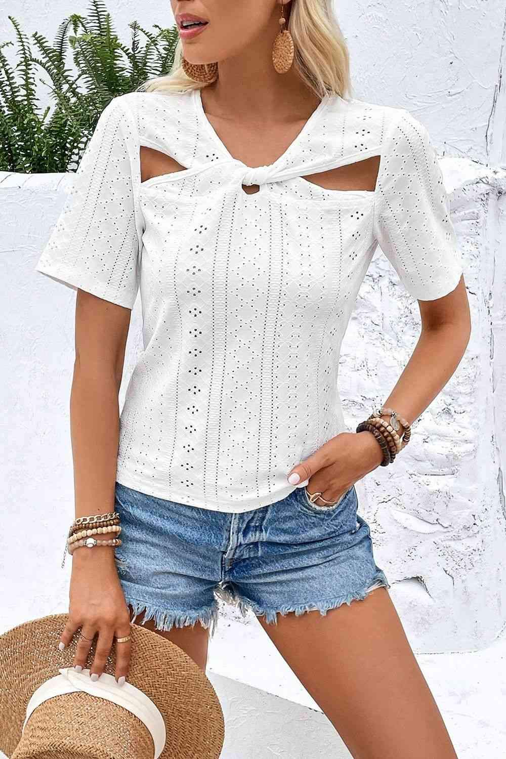 Twisted Front Short Sleeve Eyelet Blouse White Blouses - Tophatter Daily Deals