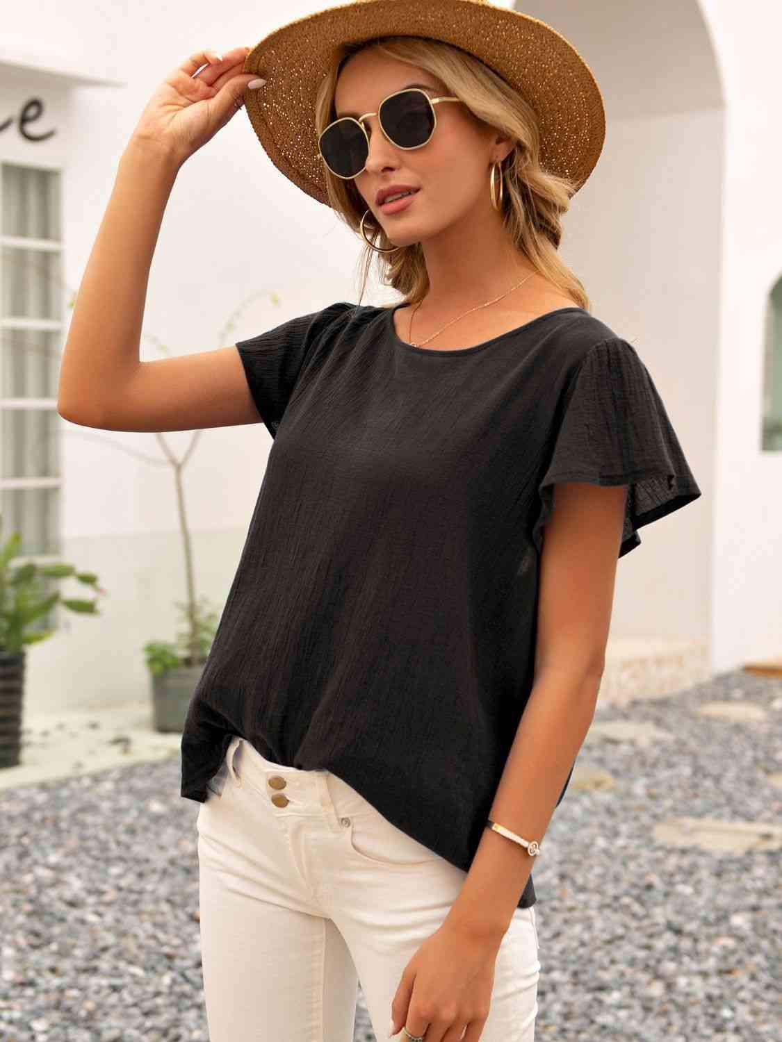 Round Neck Cutout Tie Back Top Blouses - Tophatter Daily Deals