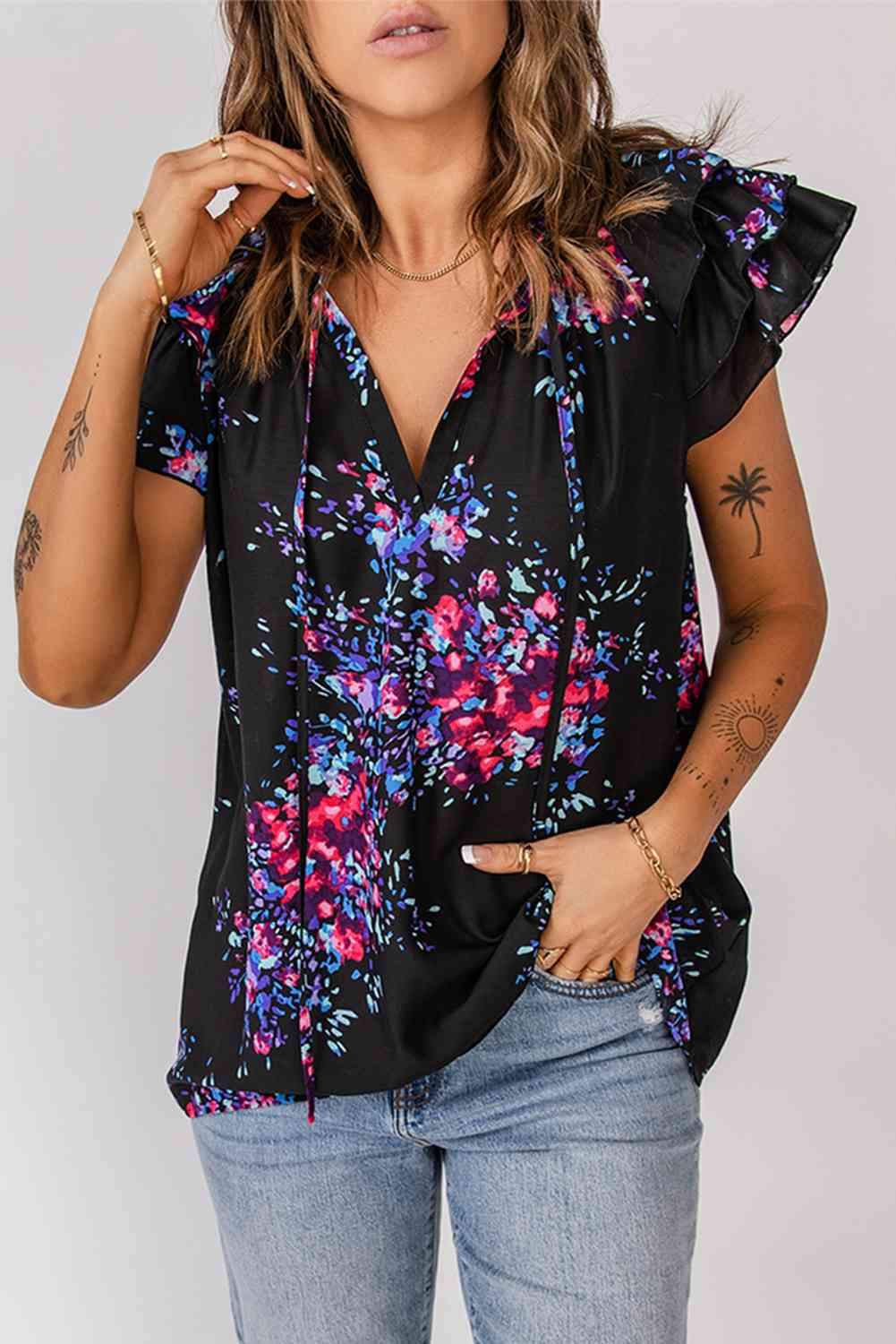 Floral Tie-Neck Flutter Sleeve Blouse Floral Blouses - Tophatter Daily Deals