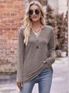 Double Take Buttoned Notched Neck Long Sleeve Top Khaki Blouses - Tophatter Daily Deals