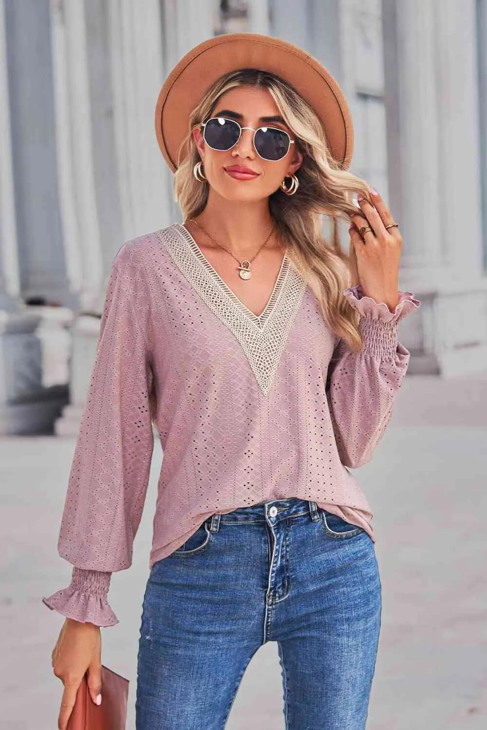 Contrast V-Neck Flounce Sleeve Top Peach Blouses - Tophatter Daily Deals