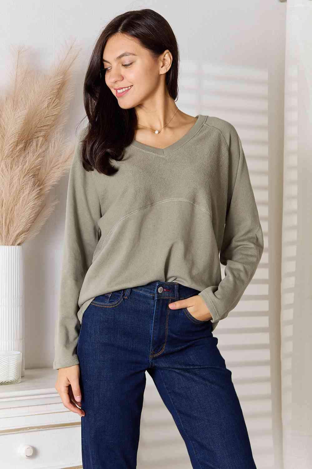 Culture Code Full Size V-Neck Long Sleeve T-Shirt Women's T-Shirts - Tophatter Daily Deals