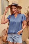 Flutter Sleeve Notched Neck Satin Blouse French Blue Blouses - Tophatter Daily Deals