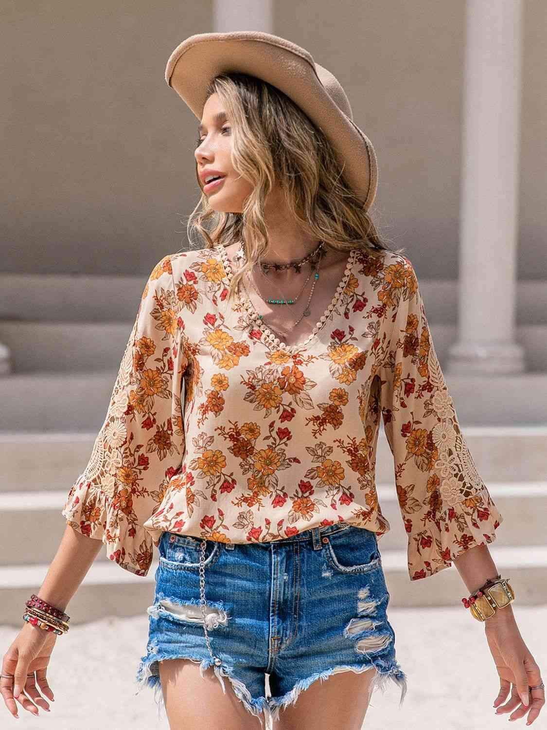 Floral V-Neck Spliced Lace Blouse Blouses - Tophatter Daily Deals