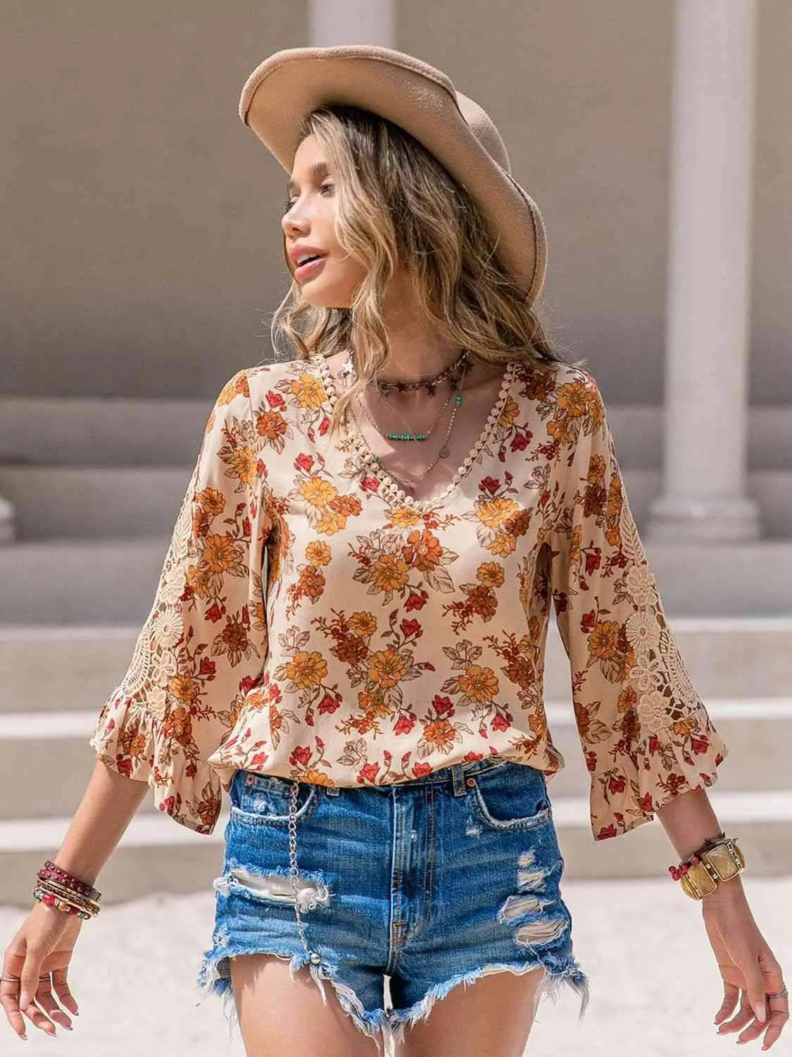 Floral V-Neck Spliced Lace Blouse Blouses - Tophatter Daily Deals
