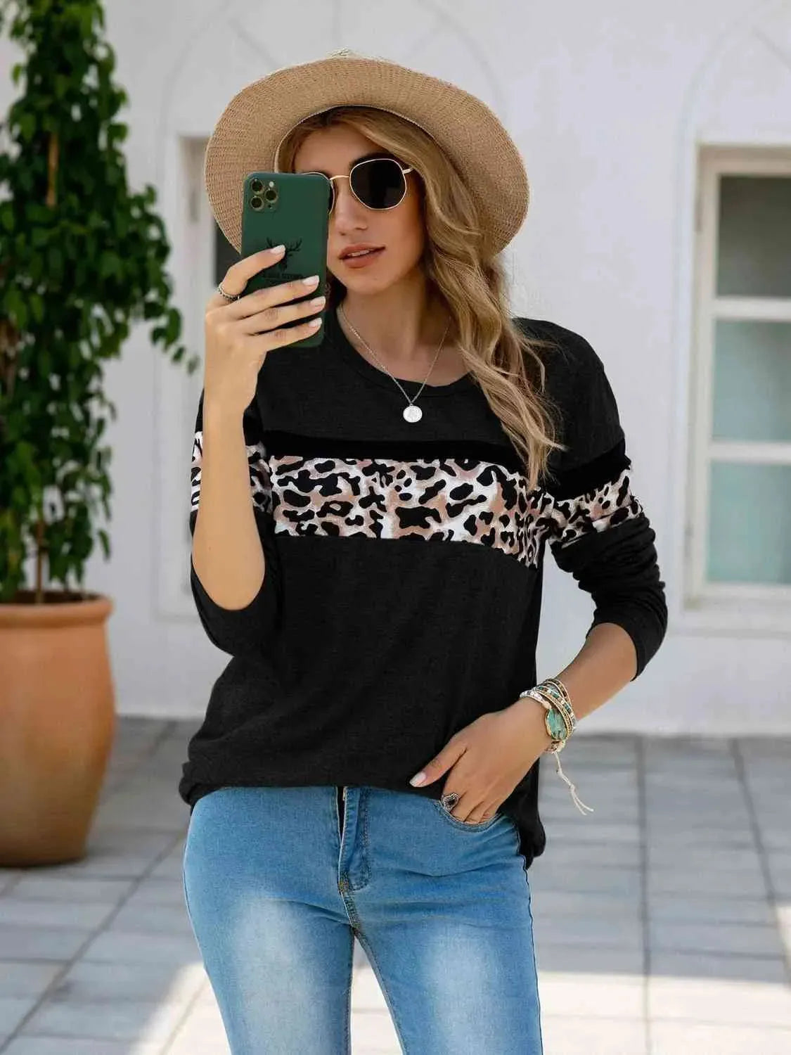 Leopard Round Neck Long Sleeve T-Shirt Women's T-Shirts - Tophatter Daily Deals