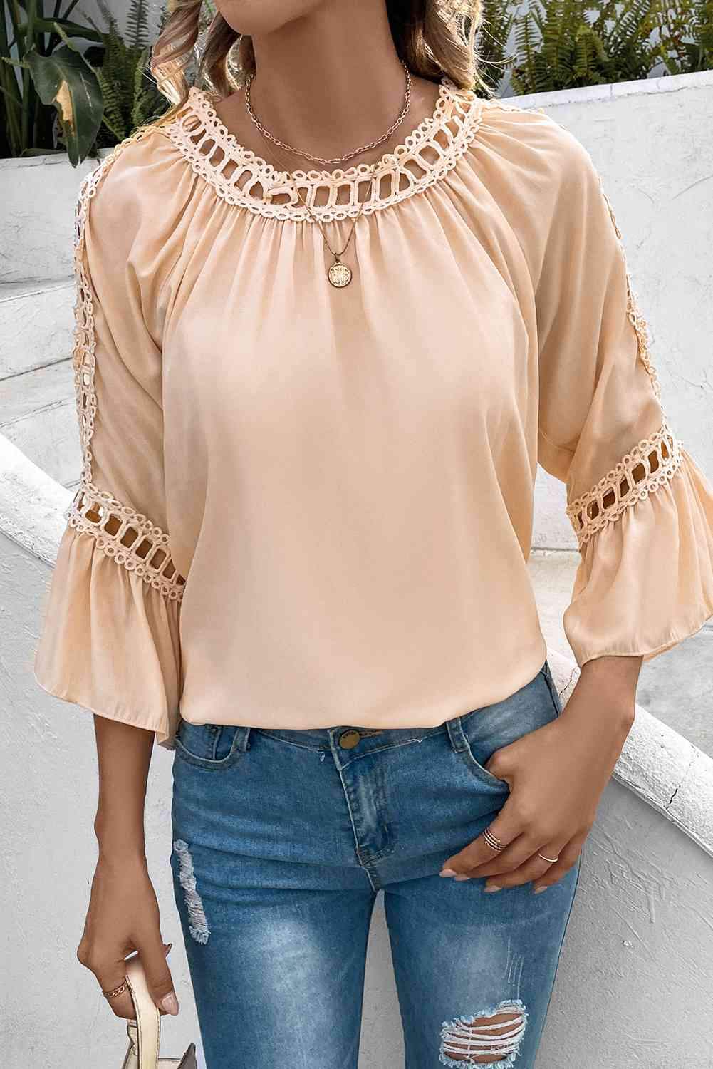 Cutout Long Sleeve Round Neck Blouse Light Apricot Blouses - Tophatter Daily Deals