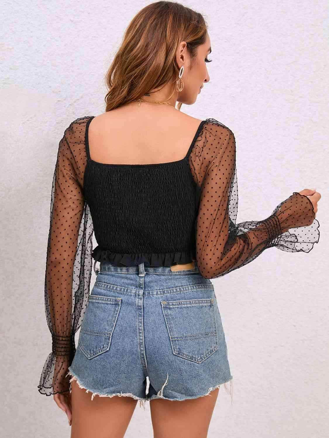 Drawstring Flounce Sleeve Cropped Top Blouses - Tophatter Daily Deals