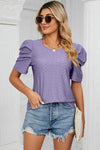 Eyelet Round Neck Puff Sleeve T-Shirt Lavender Women's T-Shirts - Tophatter Daily Deals