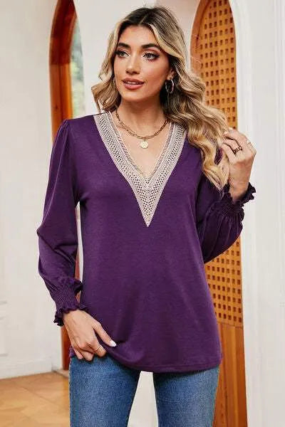Lace Detail V-Neck Lantern Sleeve T-Shirt Women's T-Shirts - Tophatter Daily Deals