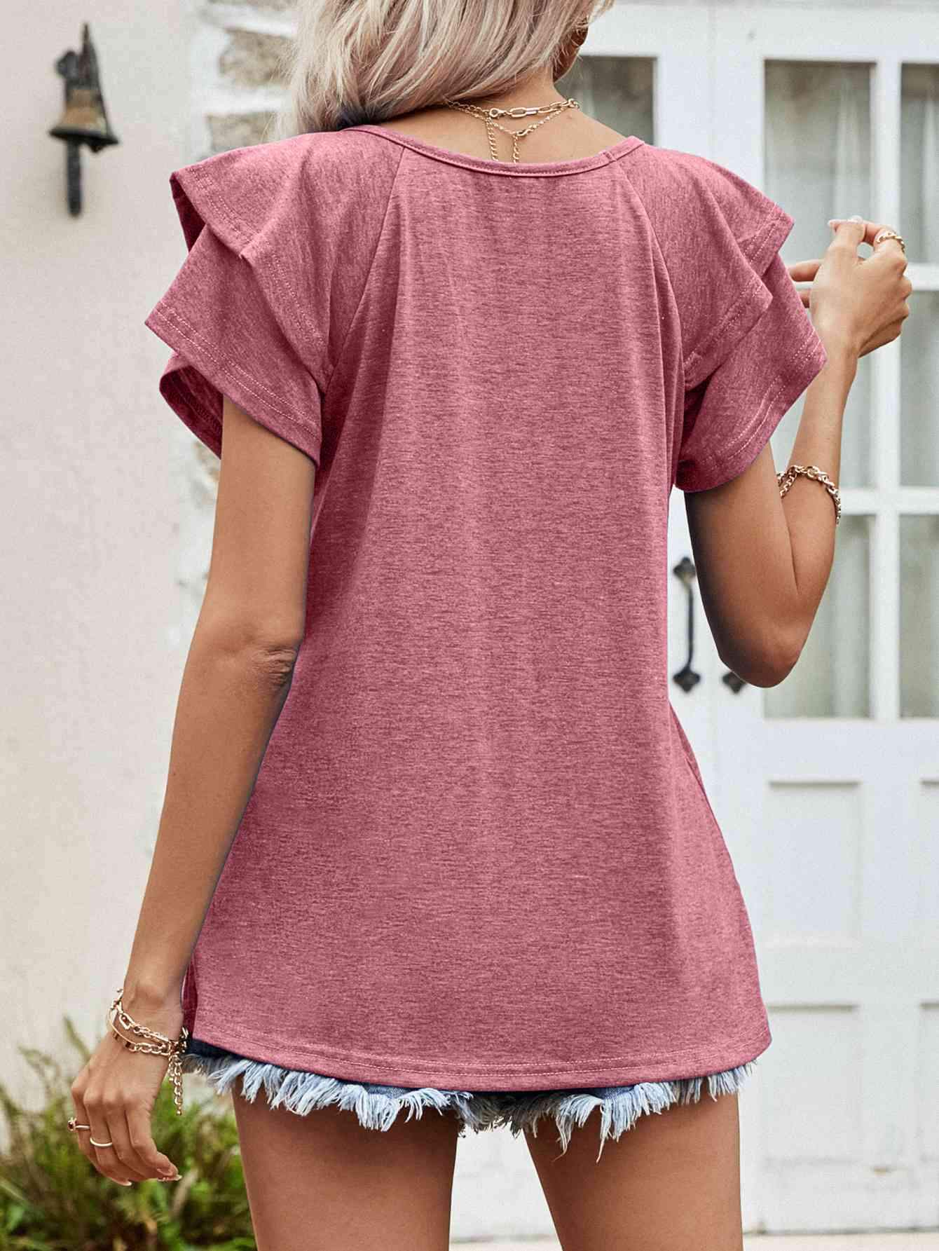 Layered Flutter Sleeve V-Neck Top Women's T-Shirts - Tophatter Daily Deals