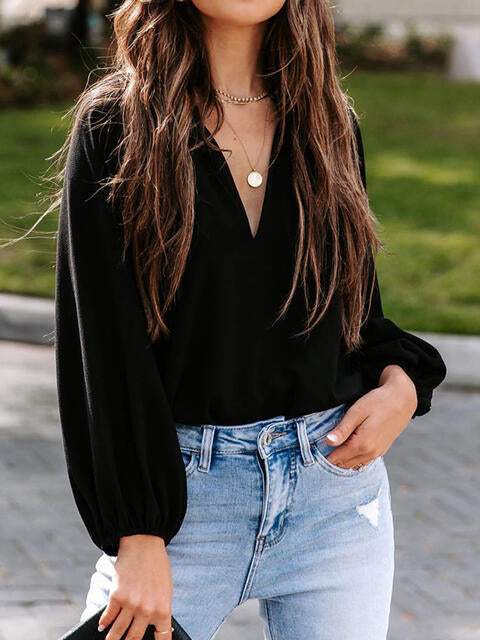 Notched Neck Long Sleeve Blouse Black Blouses - Tophatter Daily Deals