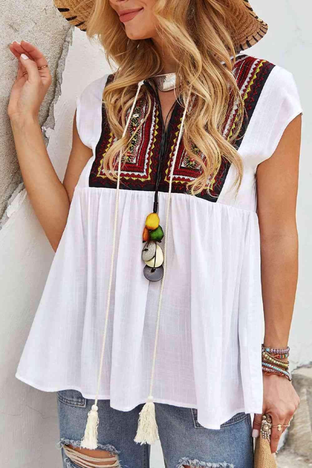 Tassel Tie Neck Ethnic Print Blouse Blouses - Tophatter Daily Deals