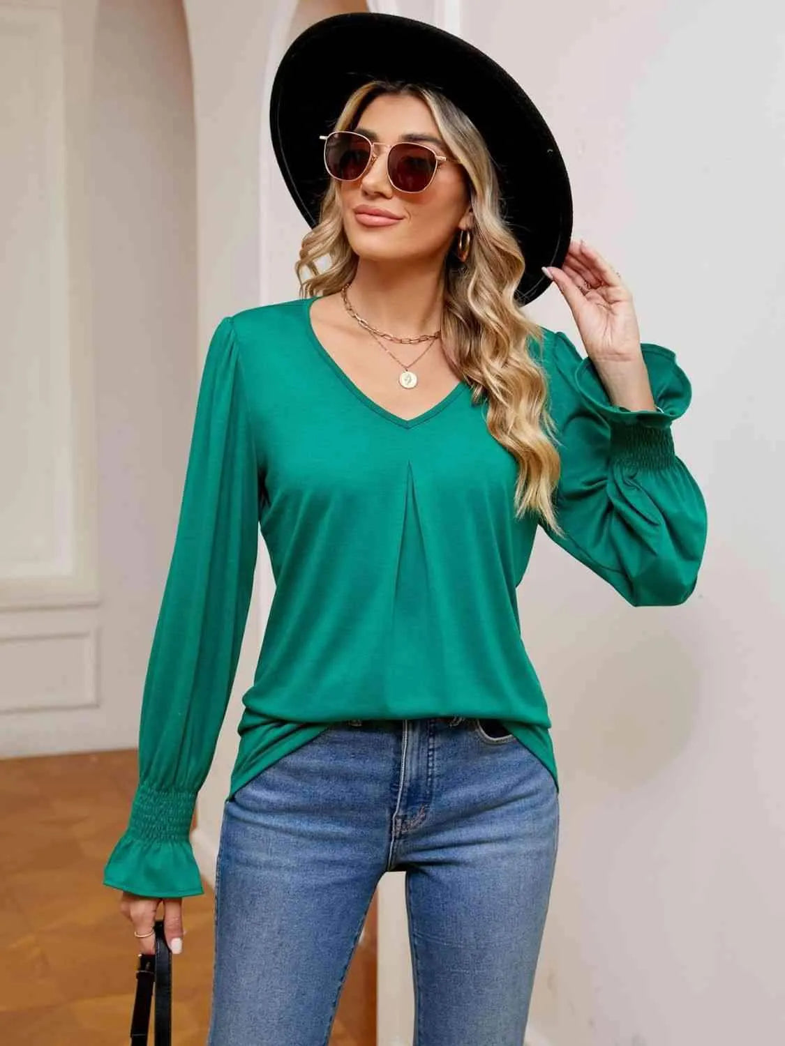 V-Neck Flounce Sleeve Blouse Green Blouses - Tophatter Daily Deals