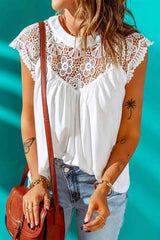 Lace Yoke Round Neck Spliced Top White Blouses - Tophatter Daily Deals