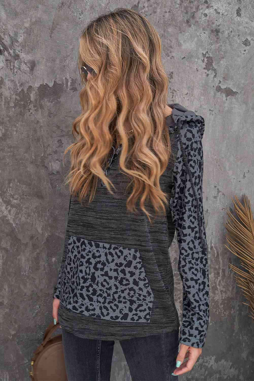 Color Block Leopard Long Sleeve Hoodie Blouses - Tophatter Daily Deals