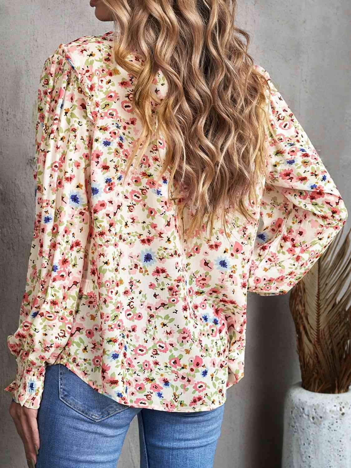 Floral Frill Trim V-Neck Flounce Sleeve Blouse Blouses - Tophatter Daily Deals